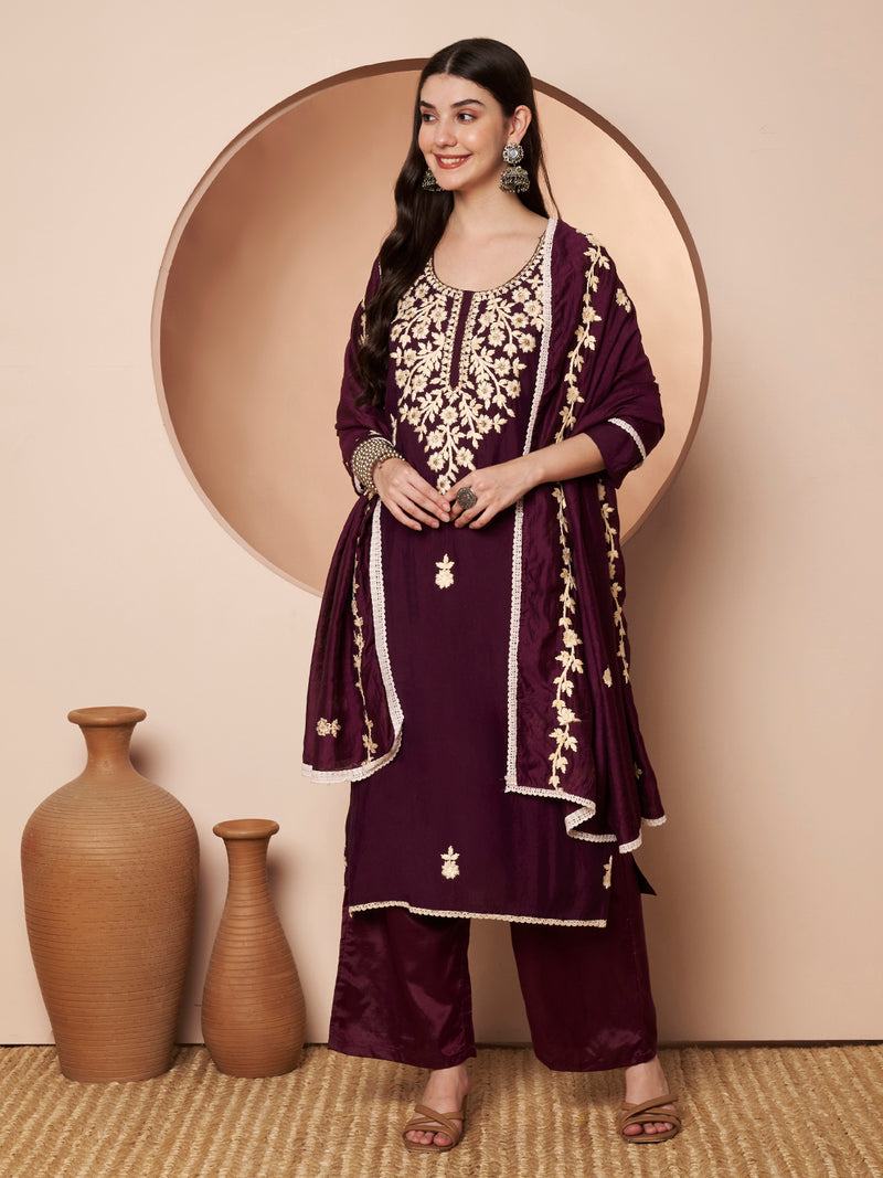 Purple Floral Aari Work Embroidered Kurta with Palazzo & Embroidered Dupatta