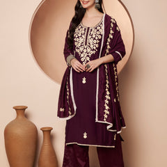 Purple Floral Aari Work Embroidered Kurta with Palazzo & Embroidered Dupatta