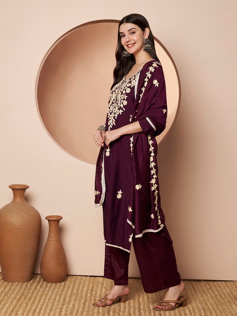 Purple Floral Aari Work Embroidered Kurta with Palazzo & Embroidered Dupatta