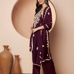 Purple Floral Aari Work Embroidered Kurta with Palazzo & Embroidered Dupatta