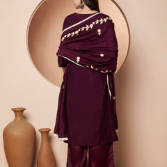 Purple Floral Aari Work Embroidered Kurta with Palazzo & Embroidered Dupatta
