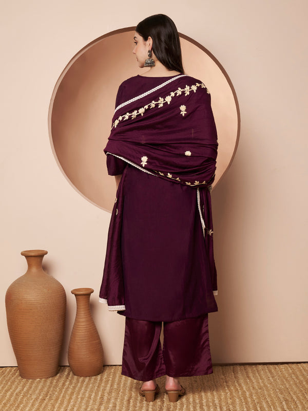 Purple Floral Aari Work Embroidered Kurta with Palazzo & Embroidered Dupatta