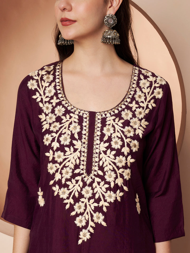 Purple Floral Aari Work Embroidered Kurta with Palazzo & Embroidered Dupatta