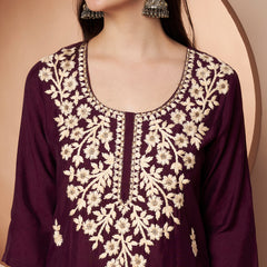Purple Floral Aari Work Embroidered Kurta with Palazzo & Embroidered Dupatta