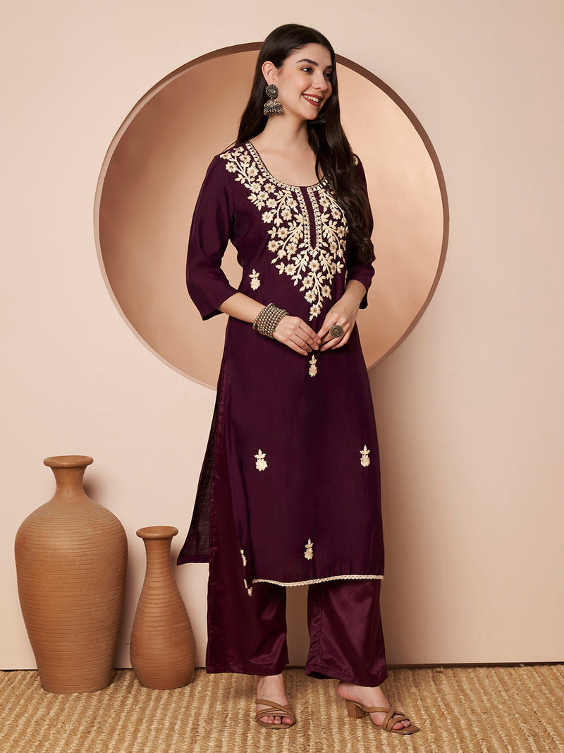 Purple Floral Aari Work Embroidered Kurta with Palazzo & Embroidered Dupatta