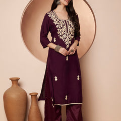 Purple Floral Aari Work Embroidered Kurta with Palazzo & Embroidered Dupatta