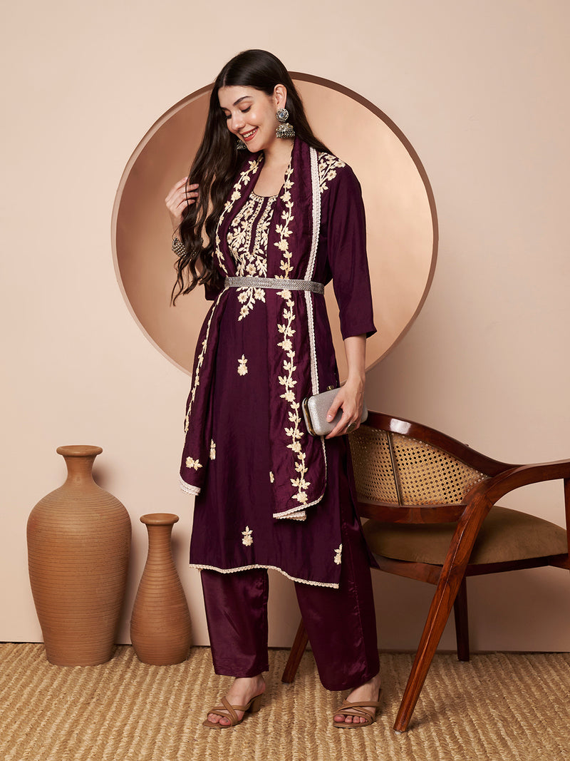 Purple Floral Aari Work Embroidered Kurta with Palazzo & Embroidered Dupatta