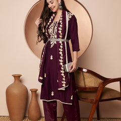 Purple Floral Aari Work Embroidered Kurta with Palazzo & Embroidered Dupatta