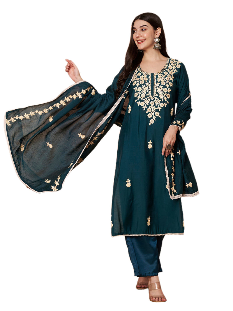 Teal Blue Floral Aari Work Embroidered Kurta with Palazzo & Embroidered Dupatta