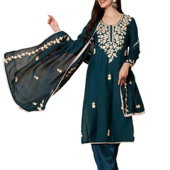 Teal Blue Floral Aari Work Embroidered Kurta with Palazzo & Embroidered Dupatta
