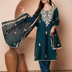 Teal Blue Floral Aari Work Embroidered Kurta with Palazzo & Embroidered Dupatta