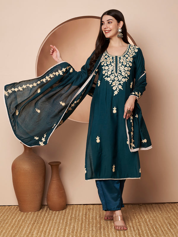 Teal Blue Floral Aari Work Embroidered Kurta with Palazzo & Embroidered Dupatta