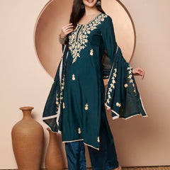 Teal Blue Floral Aari Work Embroidered Kurta with Palazzo & Embroidered Dupatta