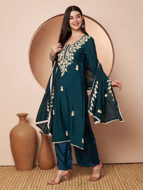 Teal Blue Floral Aari Work Embroidered Kurta with Palazzo & Embroidered Dupatta