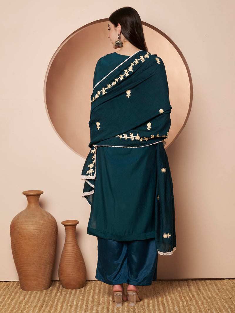 Teal Blue Floral Aari Work Embroidered Kurta with Palazzo & Embroidered Dupatta