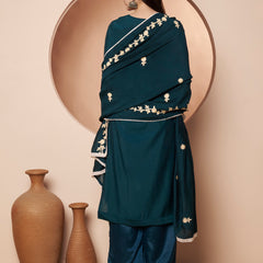 Teal Blue Floral Aari Work Embroidered Kurta with Palazzo & Embroidered Dupatta