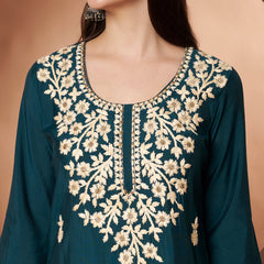 Teal Blue Floral Aari Work Embroidered Kurta with Palazzo & Embroidered Dupatta