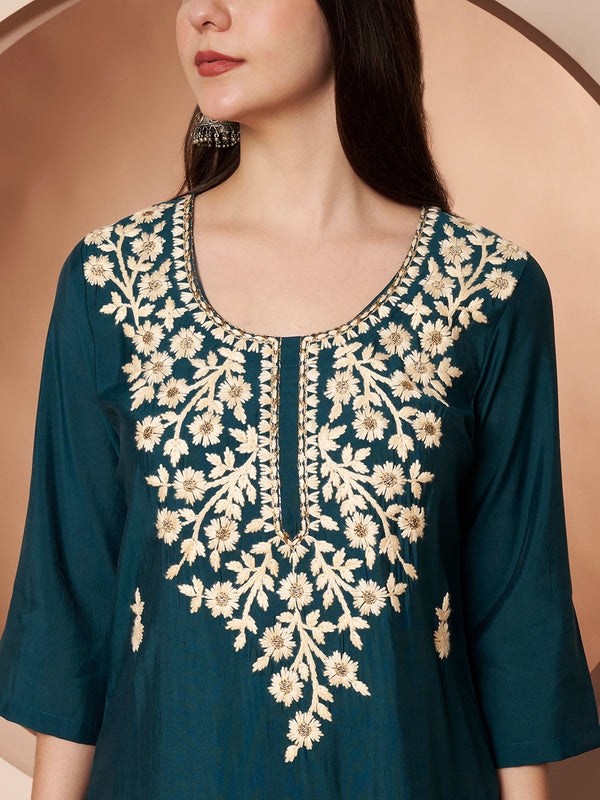 Teal Blue Floral Aari Work Embroidered Kurta with Palazzo & Embroidered Dupatta