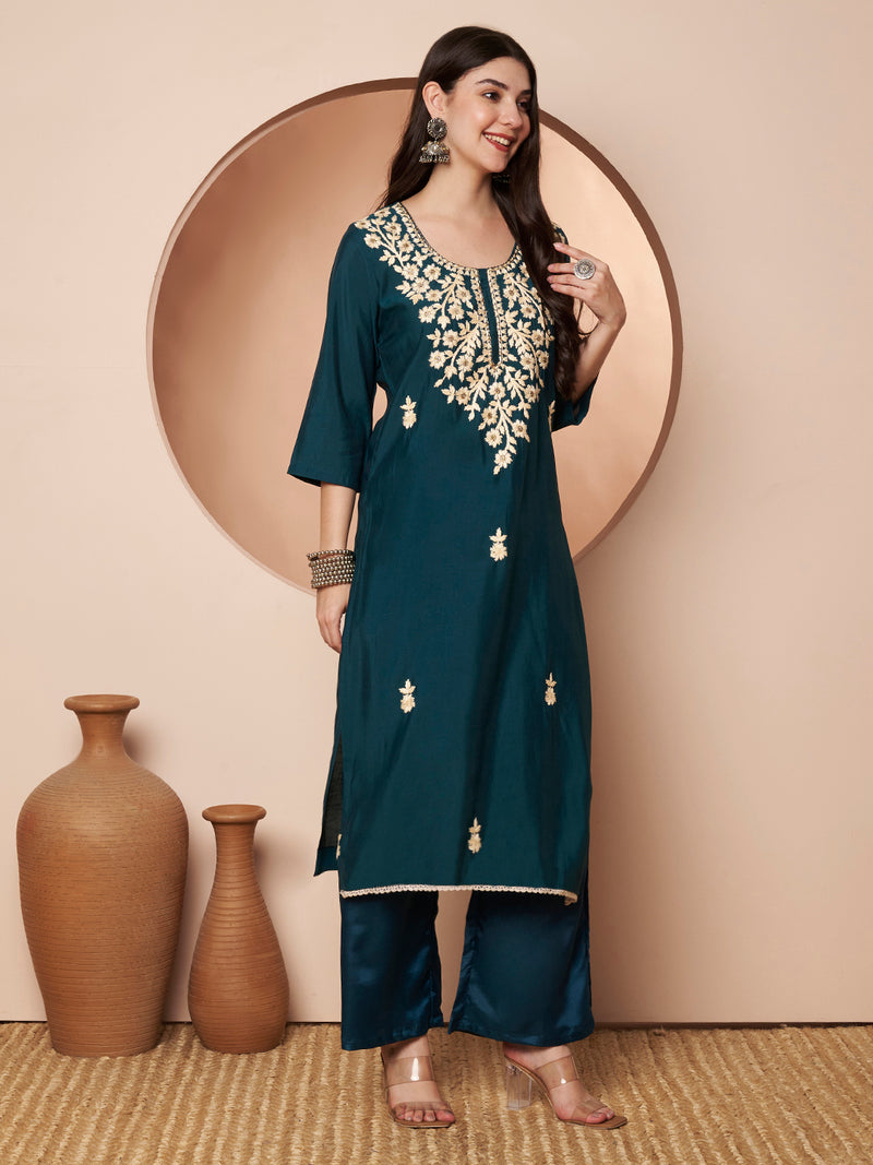 Teal Blue Floral Aari Work Embroidered Kurta with Palazzo & Embroidered Dupatta