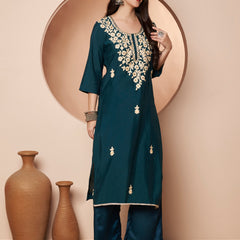 Teal Blue Floral Aari Work Embroidered Kurta with Palazzo & Embroidered Dupatta