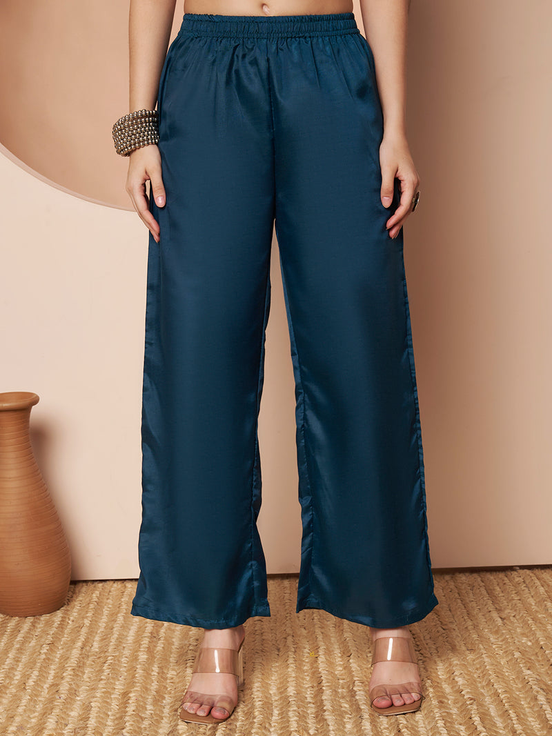 Teal Blue Floral Aari Work Embroidered Kurta with Palazzo & Embroidered Dupatta