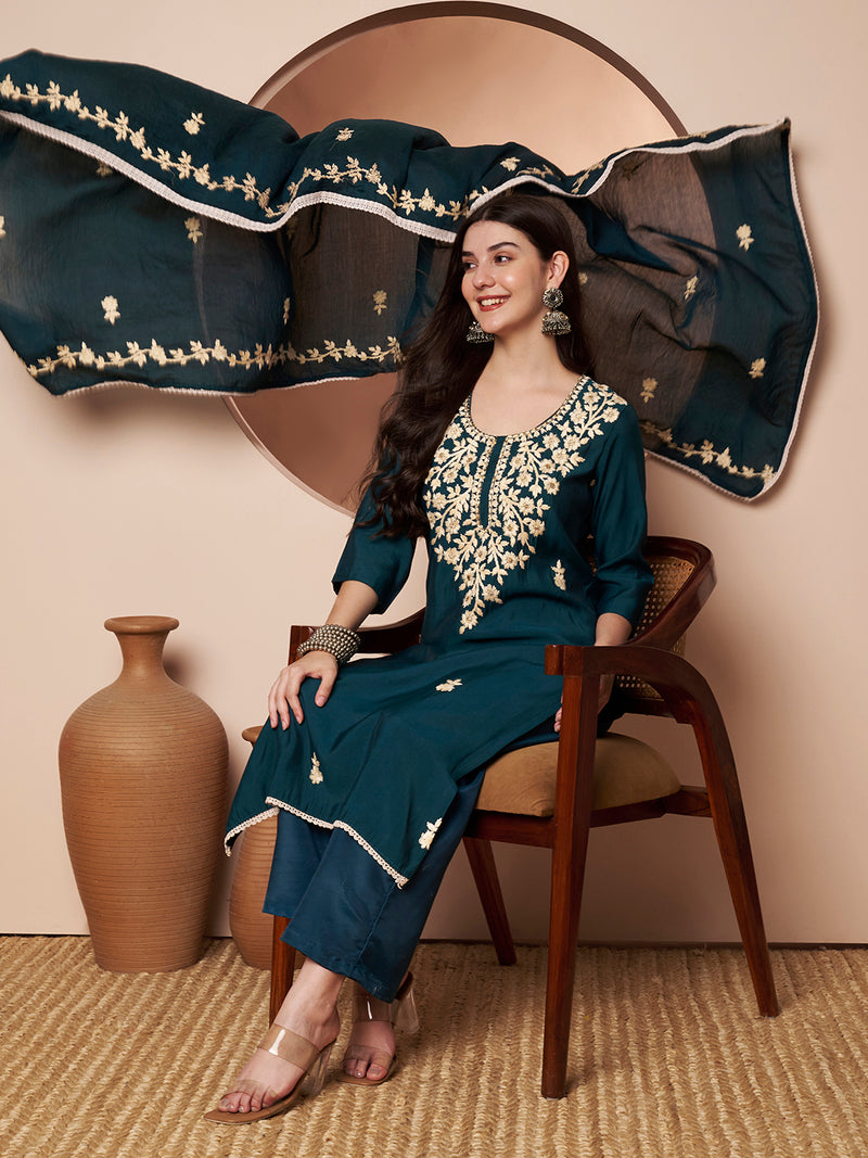 Teal Blue Floral Aari Work Embroidered Kurta with Palazzo & Embroidered Dupatta