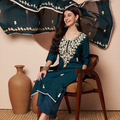 Teal Blue Floral Aari Work Embroidered Kurta with Palazzo & Embroidered Dupatta