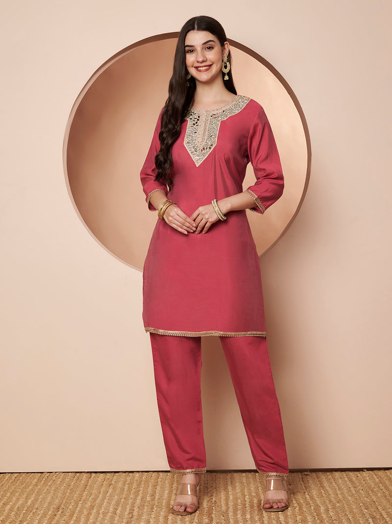 Poshak Hub Women Pink Embroidered Neck Co-Ord Set