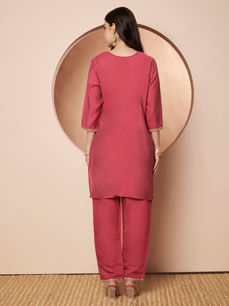 Poshak Hub Women Pink Embroidered Neck Co-Ord Set