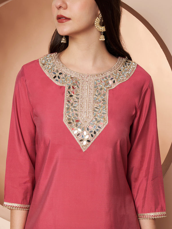 Poshak Hub Women Pink Embroidered Neck Co-Ord Set