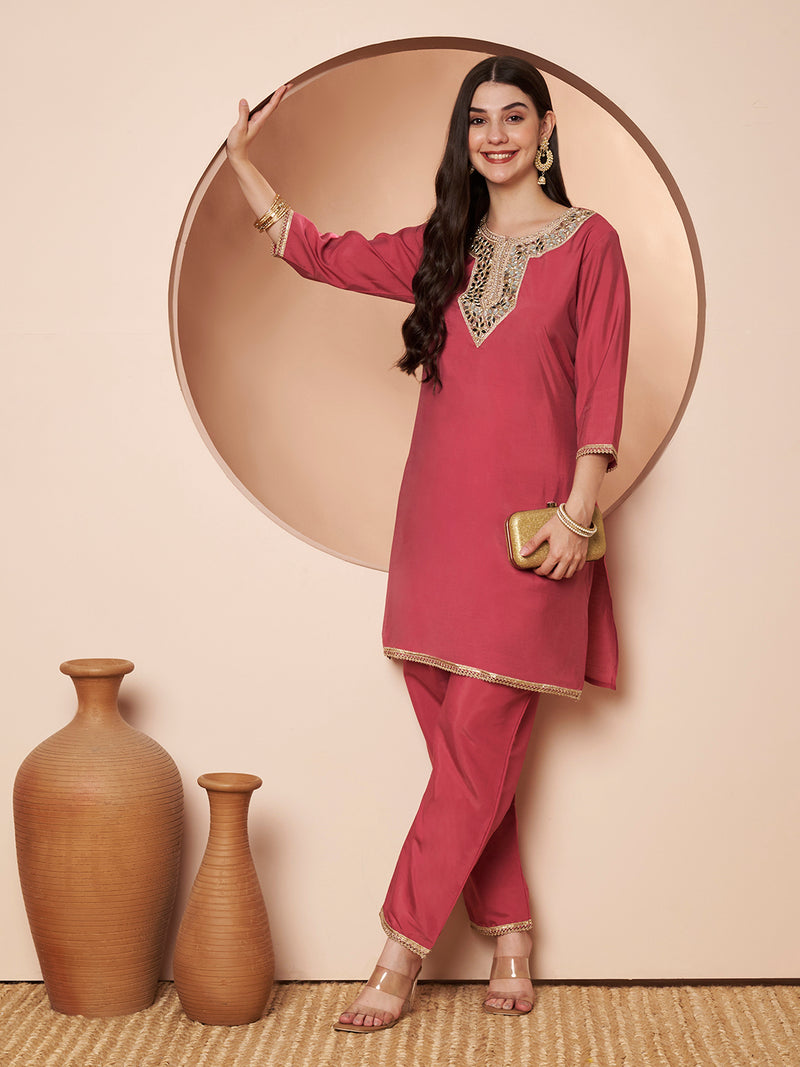 Poshak Hub Women Pink Embroidered Neck Co-Ord Set
