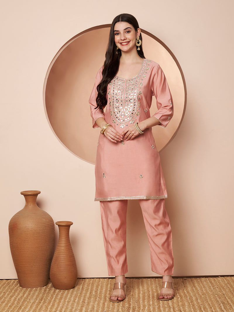 Poshak Hub Women Peach Gota patti Mirror work Embroidery Co-Ord Set