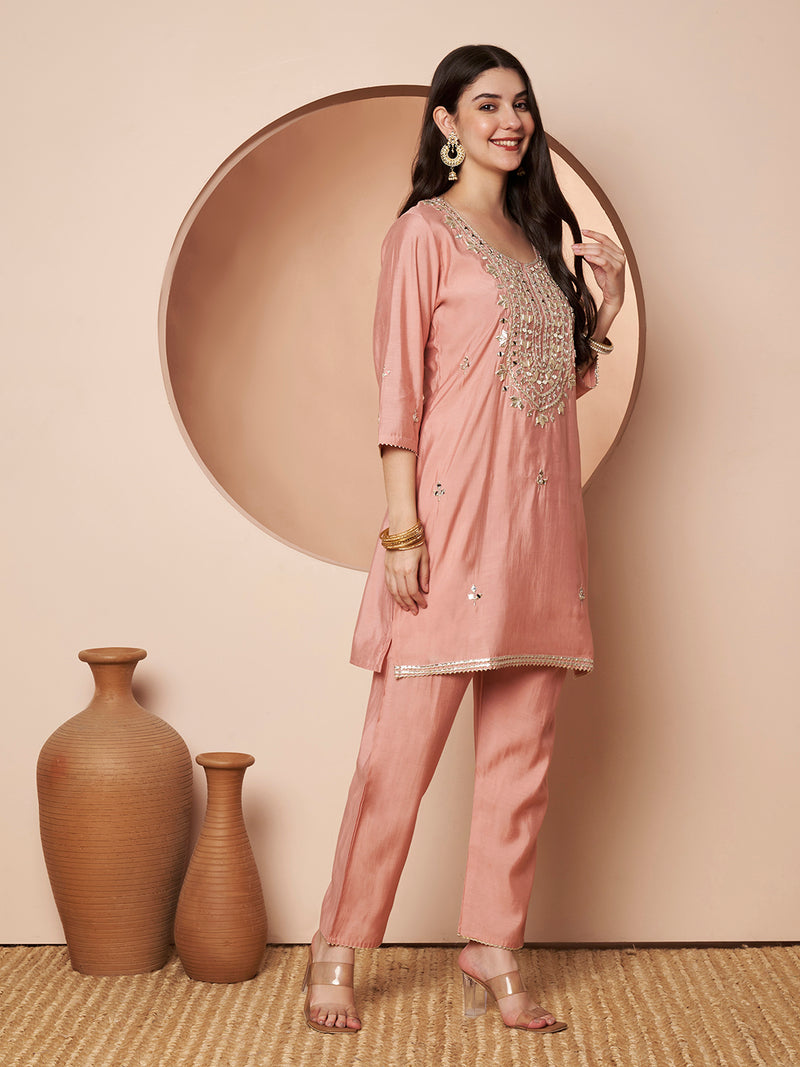 Poshak Hub Women Peach Gota patti Mirror work Embroidery Co-Ord Set