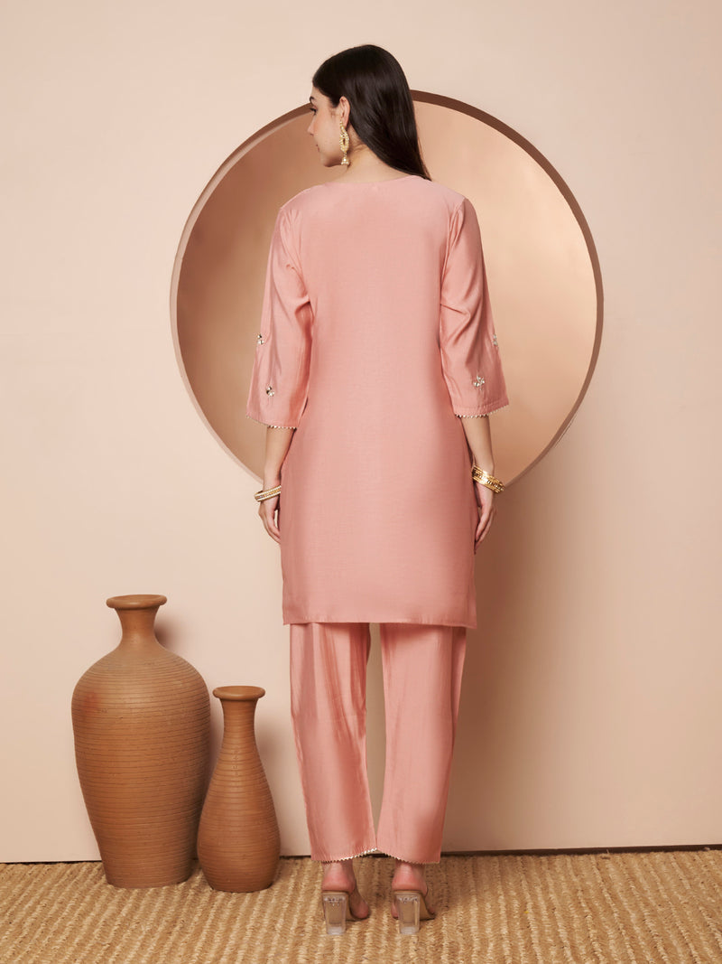 Poshak Hub Women Peach Gota patti Mirror work Embroidery Co-Ord Set