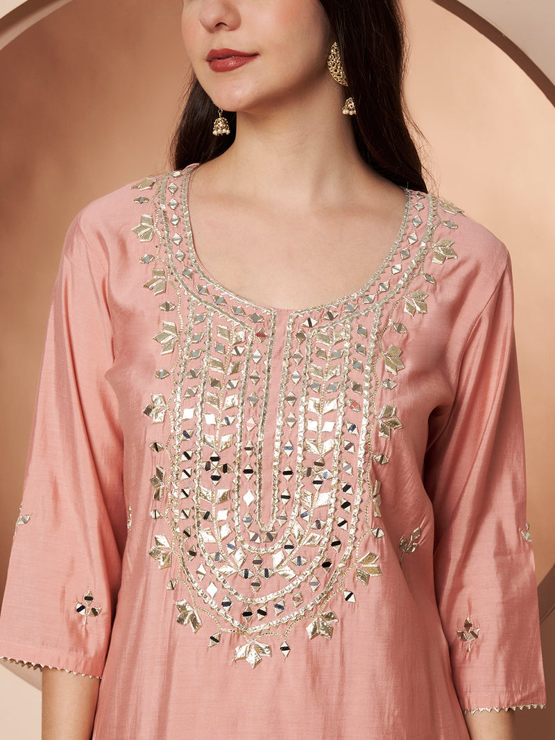 Poshak Hub Women Peach Gota patti Mirror work Embroidery Co-Ord Set