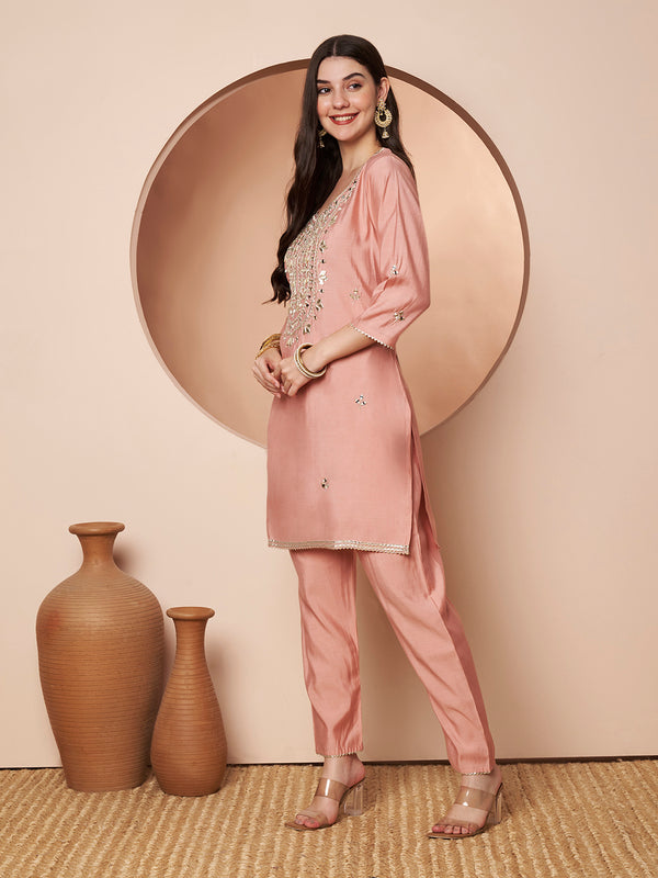 Poshak Hub Women Peach Gota patti Mirror work Embroidery Co-Ord Set