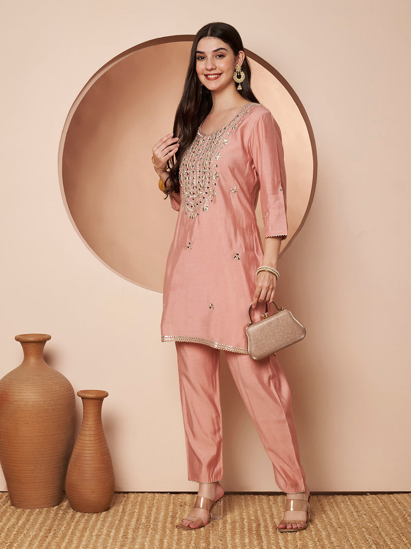 Poshak Hub Women Peach Gota patti Mirror work Embroidery Co-Ord Set