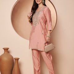 Poshak Hub Women Peach Gota patti Mirror work Embroidery Co-Ord Set
