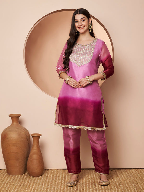 Poshak Hub Women stunning Pink Ombre Embroidered Neck Co-Ord Set
