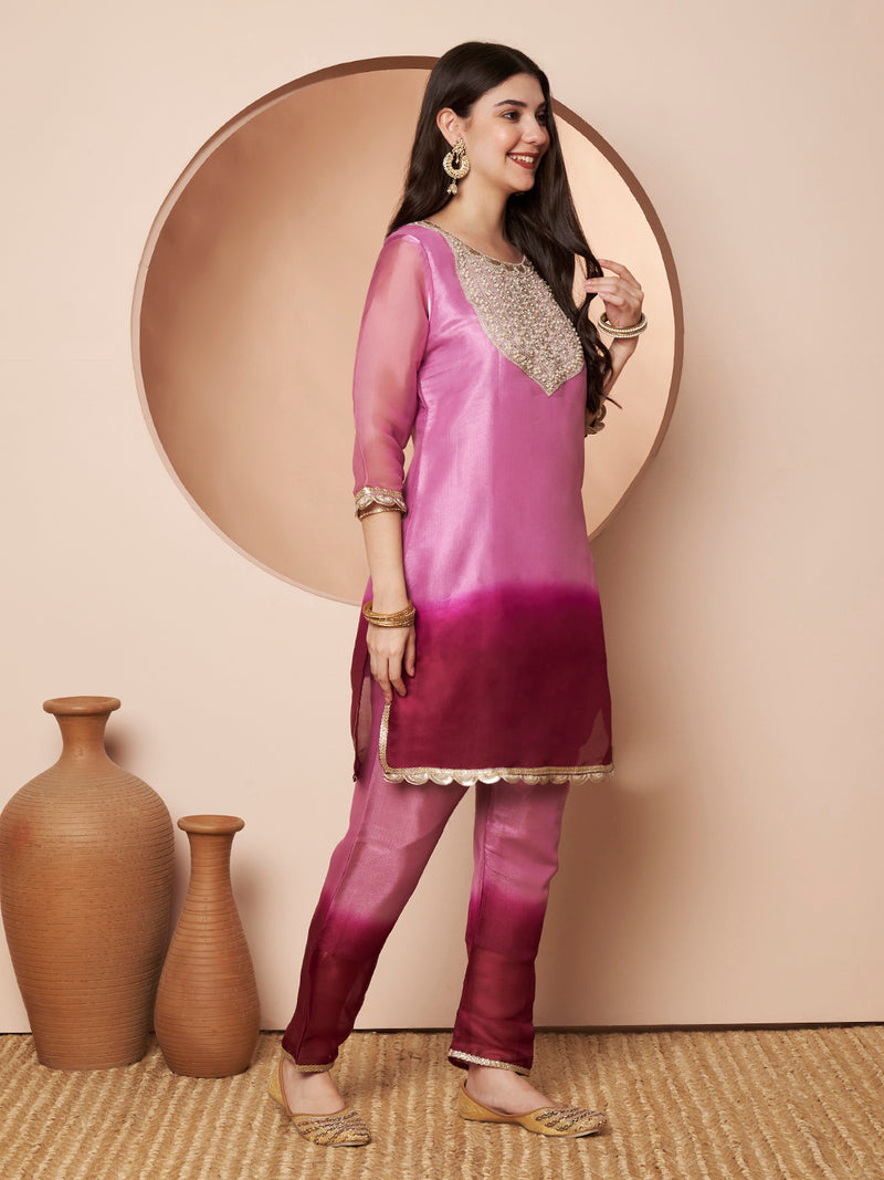 Poshak Hub Women stunning Pink Ombre Embroidered Neck Co-Ord Set