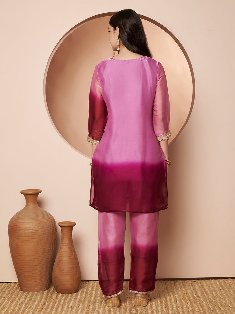 Poshak Hub Women stunning Pink Ombre Embroidered Neck Co-Ord Set