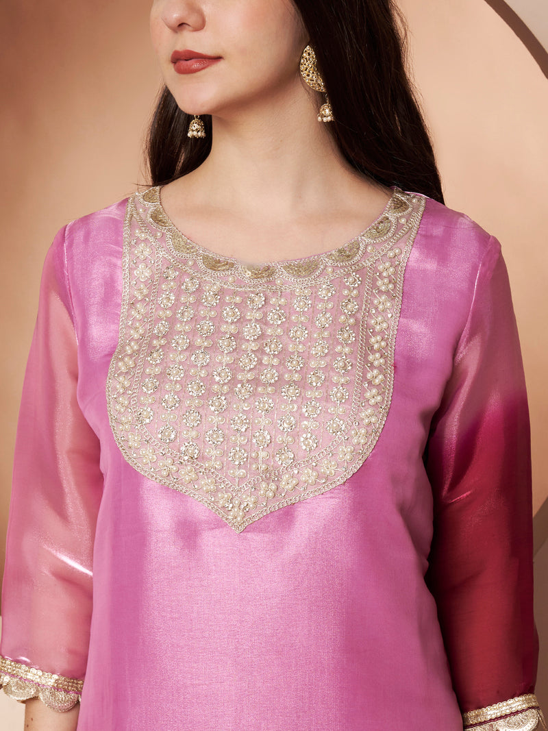 Poshak Hub Women stunning Pink Ombre Embroidered Neck Co-Ord Set