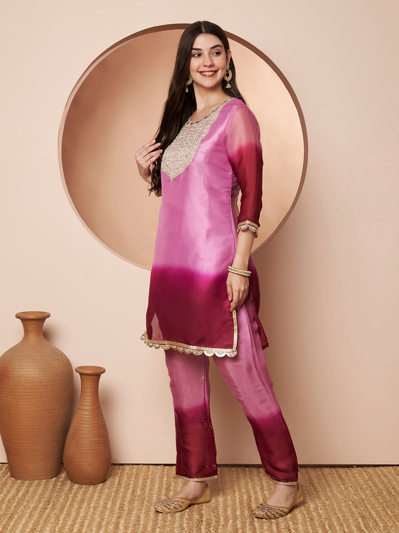 Poshak Hub Women stunning Pink Ombre Embroidered Neck Co-Ord Set