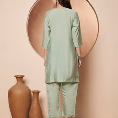 Poshak Hub Women Sea Green Embroidered Neck Co-Ord Set