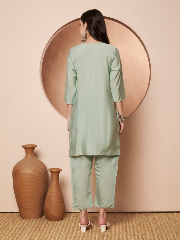 Poshak Hub Women Sea Green Embroidered Neck Co-Ord Set