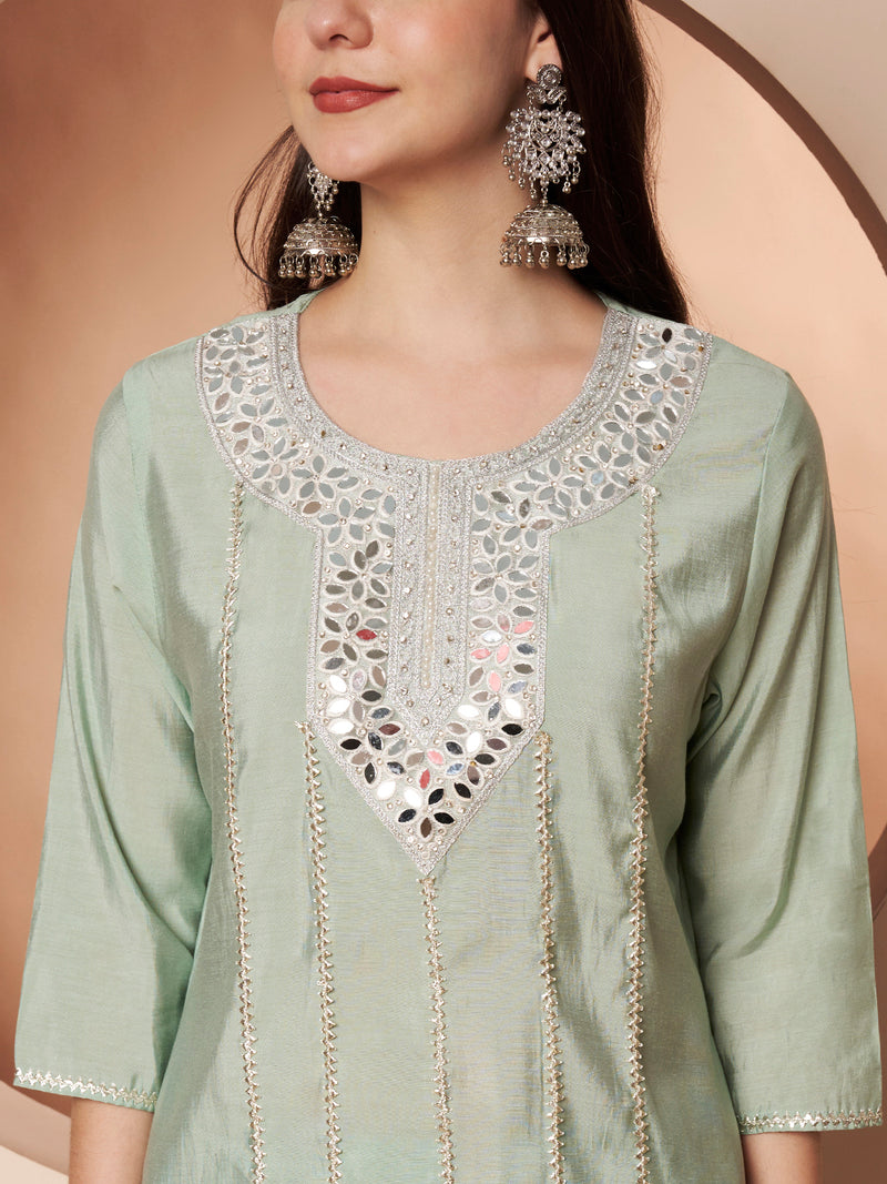 Poshak Hub Women Sea Green Embroidered Neck Co-Ord Set