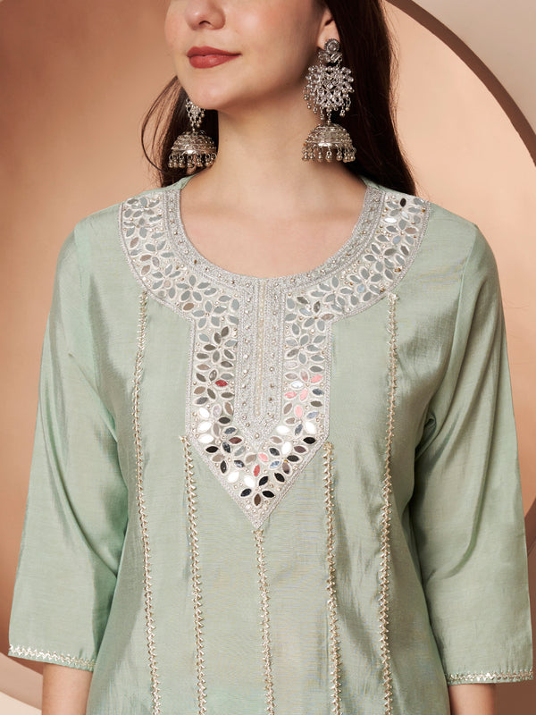 Poshak Hub Women Sea Green Embroidered Neck Co-Ord Set