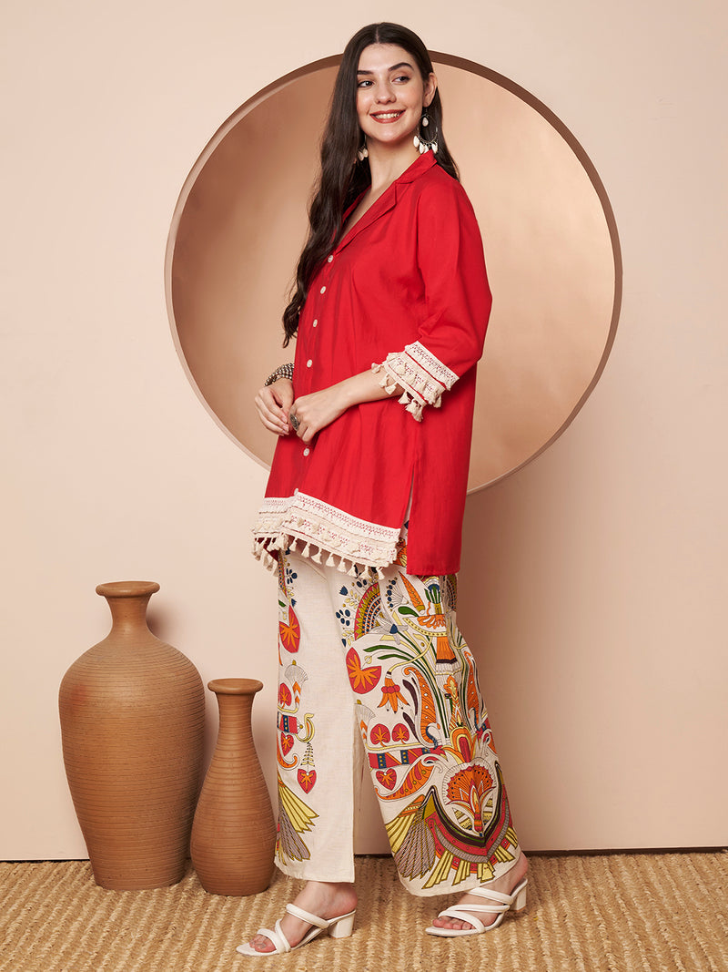 Poshak Hub Women Magenta Co-Ord Set, Shirt Style Tunic with Printed Palazzo