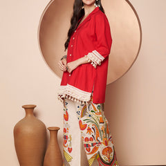 Poshak Hub Women Magenta Co-Ord Set, Shirt Style Tunic with Printed Palazzo