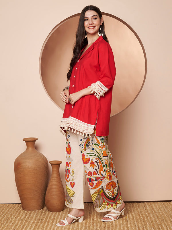 Poshak Hub Women Magenta Co-Ord Set, Shirt Style Tunic with Printed Palazzo